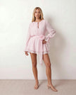 Pleated Mini Dress Women Keyhole Neck Long Sleeve Ruffle Hem Party