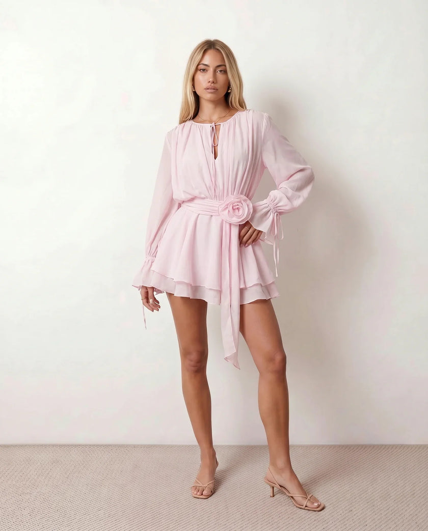 Pleated Mini Dress Women Keyhole Neck Long Sleeve Ruffle Hem Party
