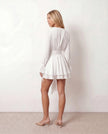 Pleated Mini Dress Women Keyhole Neck Long Sleeve Ruffle Hem Party