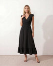 Ruffle Midi Dress Women Wrap V-Neck Low Back Smocked Waist