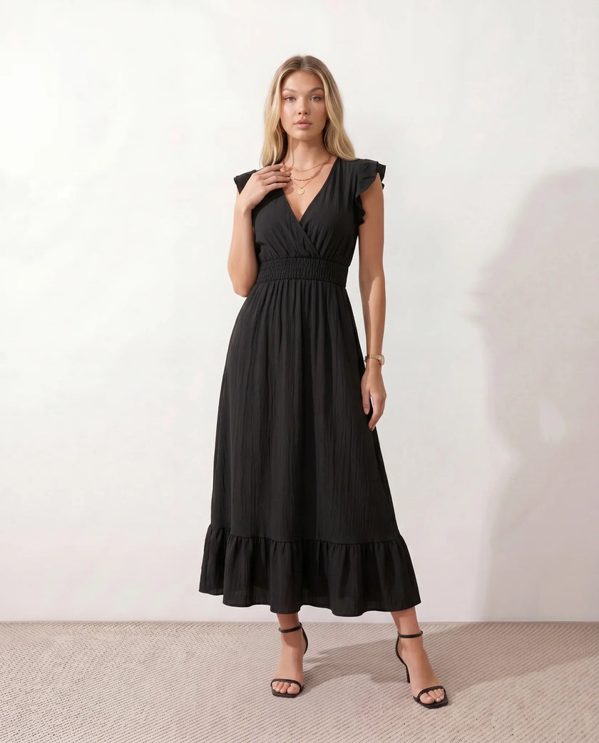 Ruffle Midi Dress Women Wrap V-Neck Low Back Smocked Waist