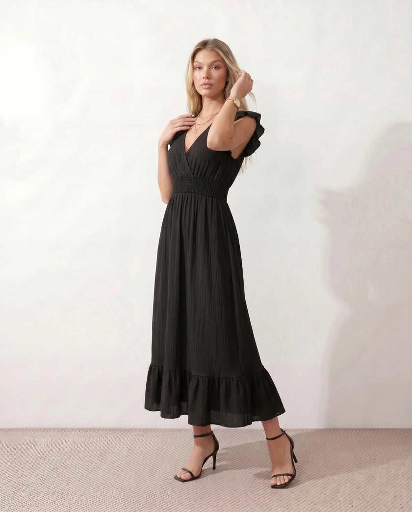 Ruffle Midi Dress Women Wrap V-Neck Low Back Smocked Waist
