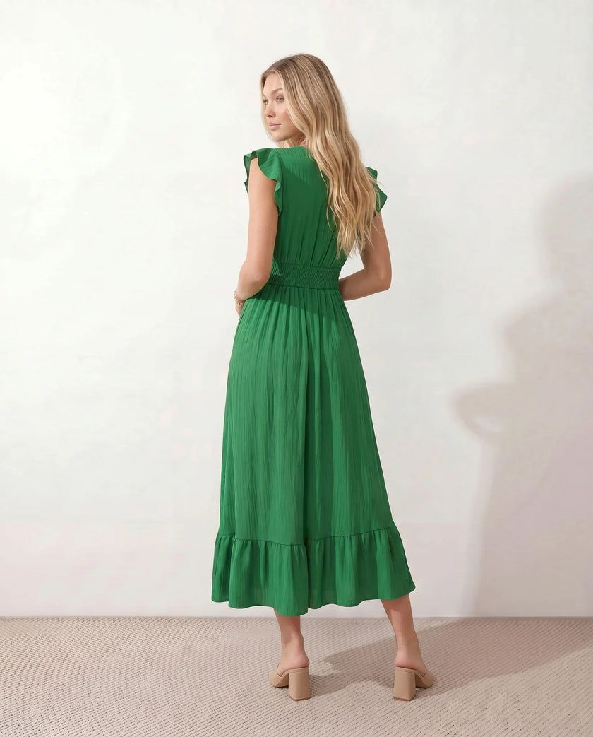 Ruffle Midi Dress Women Wrap V-Neck Low Back Smocked Waist