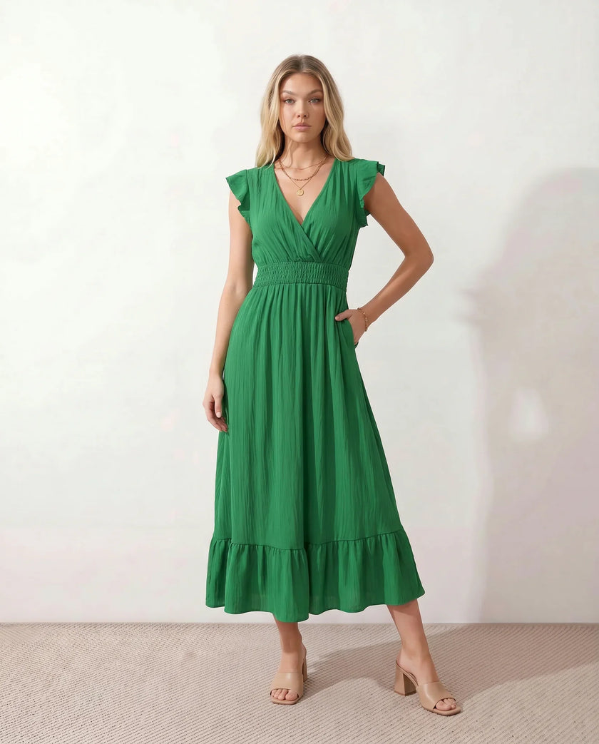 Ruffle Midi Dress Women Wrap V-Neck Low Back Smocked Waist