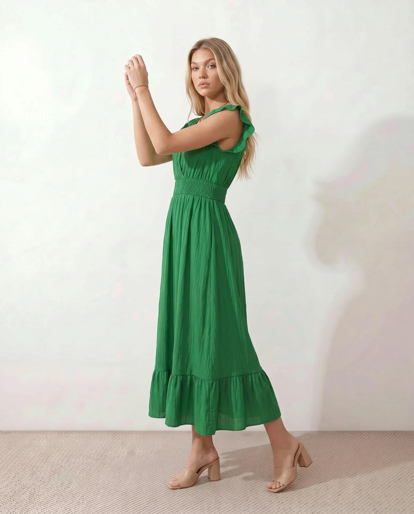 Ruffle Midi Dress Women Wrap V-Neck Low Back Smocked Waist