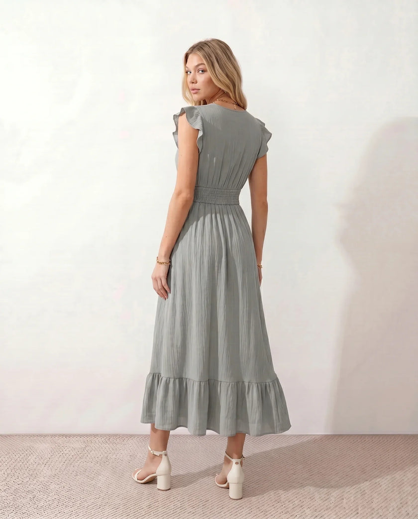 Ruffle Midi Dress Women Wrap V-Neck Low Back Smocked Waist