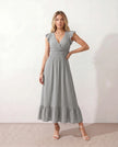 Ruffle Midi Dress Women Wrap V-Neck Low Back Smocked Waist