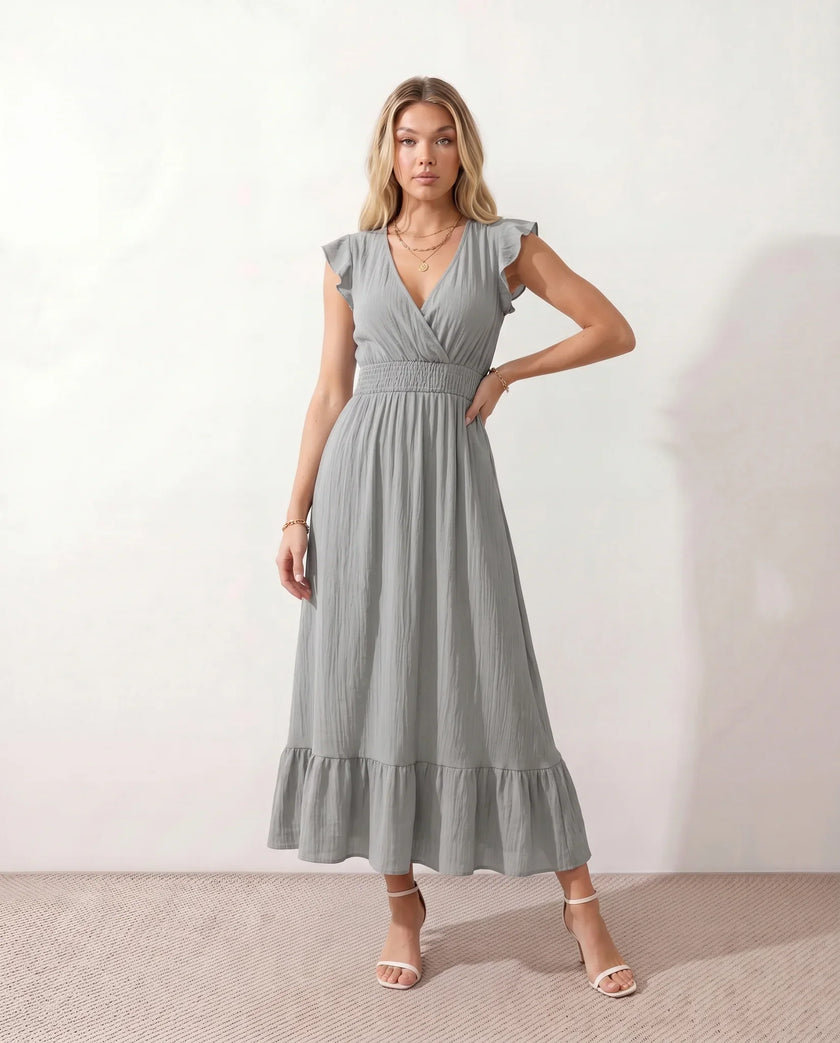 Ruffle Midi Dress Women Wrap V-Neck Low Back Smocked Waist