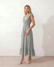 Ruffle Midi Dress Women Wrap V-Neck Low Back Smocked Waist