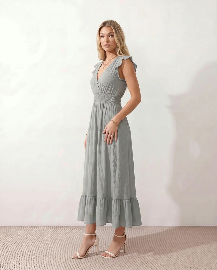 Ruffle Midi Dress Women Wrap V-Neck Low Back Smocked Waist