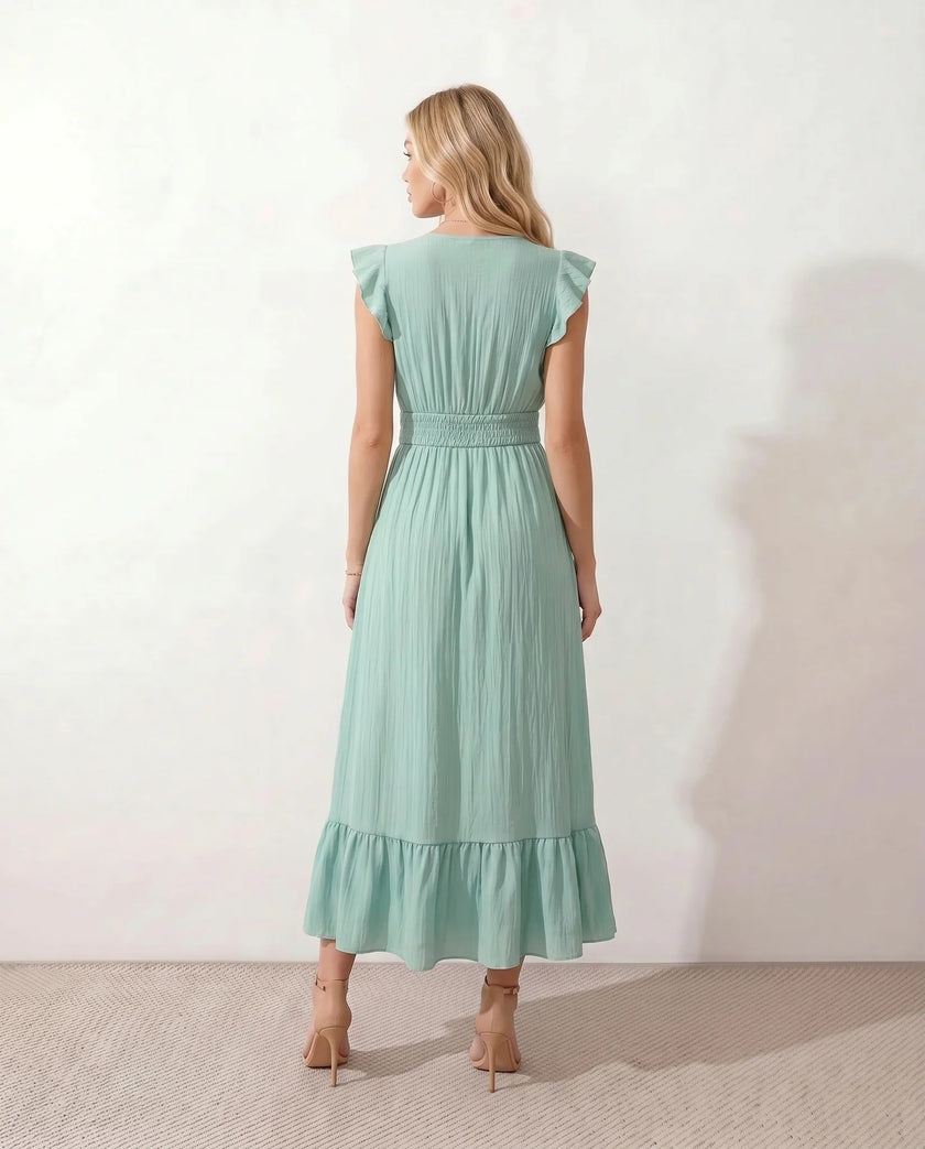Ruffle Midi Dress Women Wrap V-Neck Low Back Smocked Waist