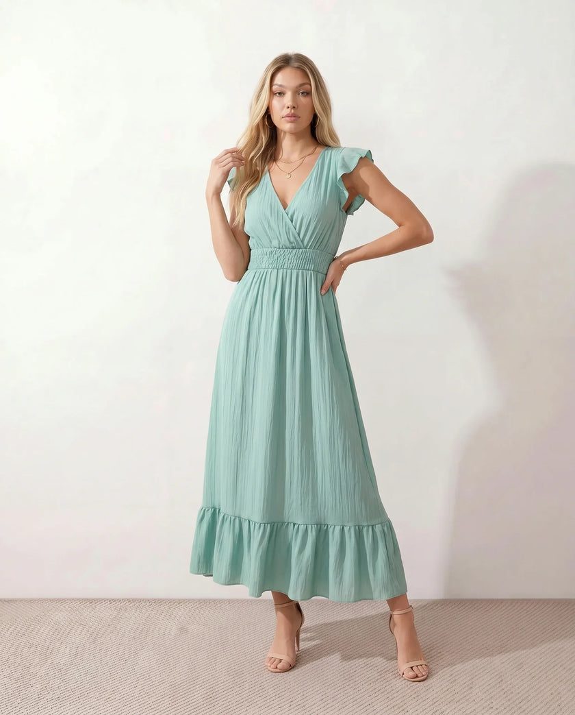 Ruffle Midi Dress Women Wrap V-Neck Low Back Smocked Waist