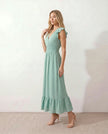 Ruffle Midi Dress Women Wrap V-Neck Low Back Smocked Waist