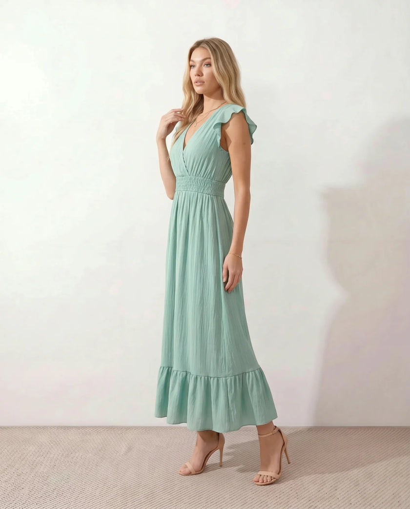 Ruffle Midi Dress Women Wrap V-Neck Low Back Smocked Waist