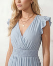 Ruffle Midi Dress Women Wrap V-Neck Low Back Smocked Waist