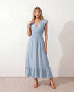 Ruffle Midi Dress Women Wrap V-Neck Low Back Smocked Waist