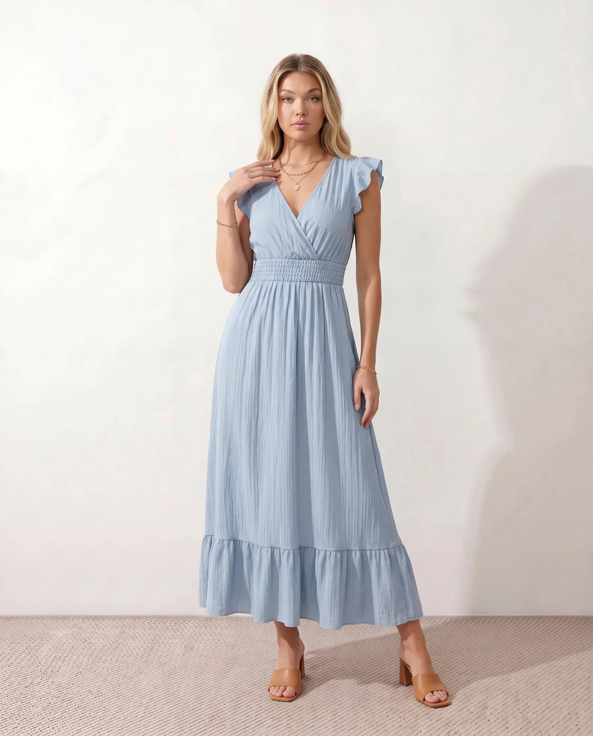 Ruffle Midi Dress Women Wrap V-Neck Low Back Smocked Waist