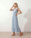 Ruffle Midi Dress Women Wrap V-Neck Low Back Smocked Waist