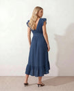 Ruffle Midi Dress Women Wrap V-Neck Low Back Smocked Waist