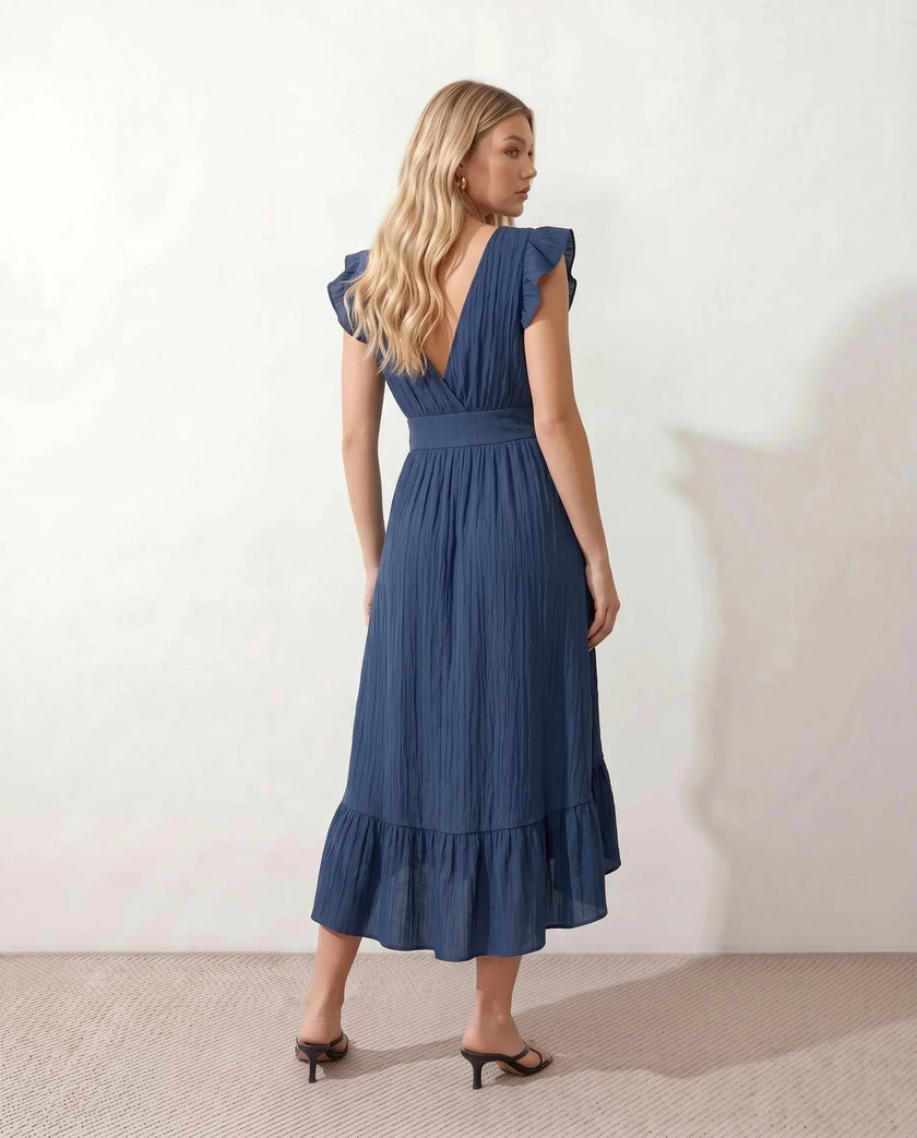 Ruffle Midi Dress Women Wrap V-Neck Low Back Smocked Waist