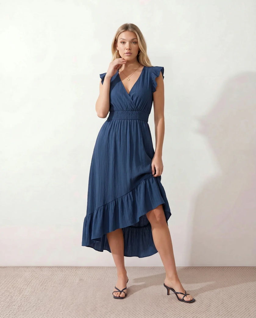 Ruffle Midi Dress Women Wrap V-Neck Low Back Smocked Waist