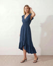 Ruffle Midi Dress Women Wrap V-Neck Low Back Smocked Waist