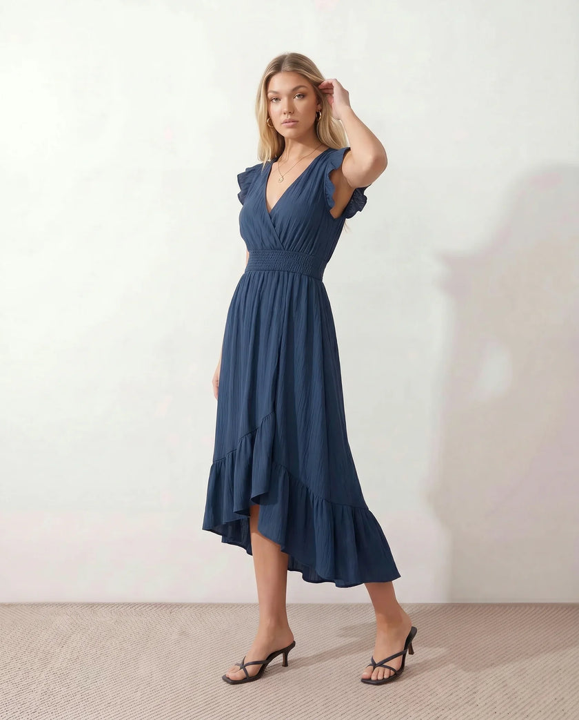 Ruffle Midi Dress Women Wrap V-Neck Low Back Smocked Waist