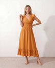 Ruffle Midi Dress Women Wrap V-Neck Low Back Smocked Waist