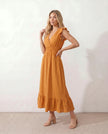 Ruffle Midi Dress Women Wrap V-Neck Low Back Smocked Waist