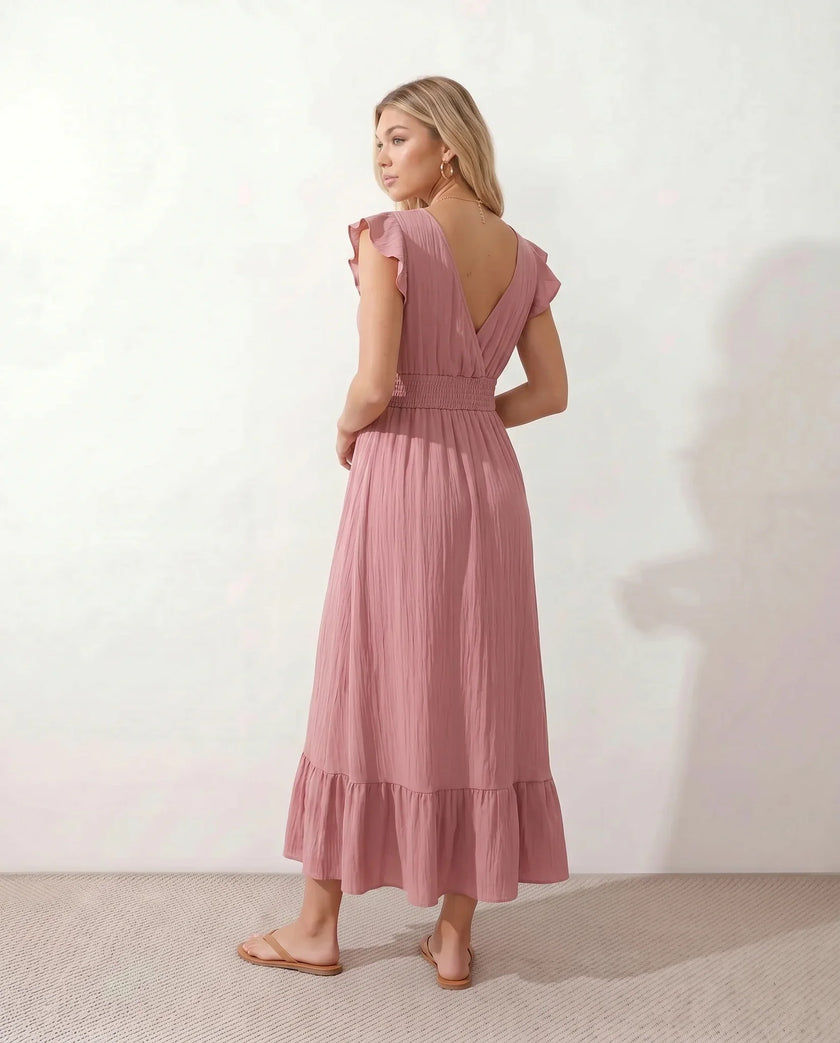 Ruffle Midi Dress Women Wrap V-Neck Low Back Smocked Waist