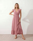 Ruffle Midi Dress Women Wrap V-Neck Low Back Smocked Waist