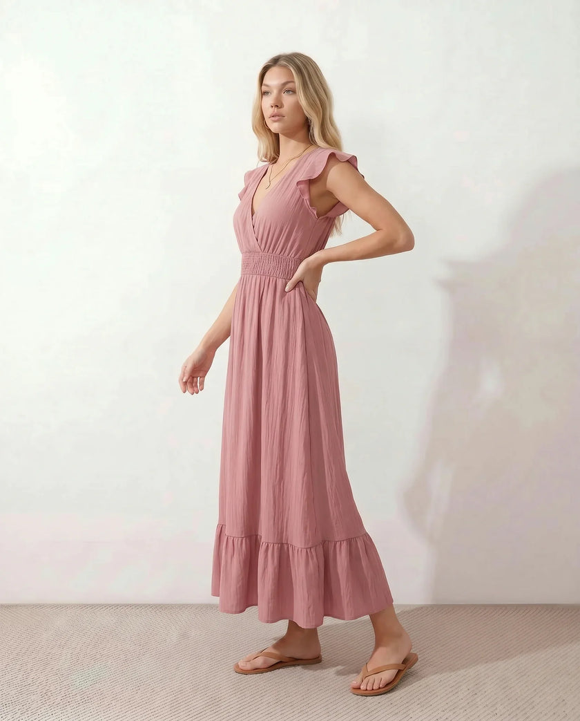 Ruffle Midi Dress Women Wrap V-Neck Low Back Smocked Waist