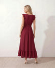 Ruffle Midi Dress Women Wrap V-Neck Low Back Smocked Waist