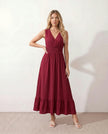 Ruffle Midi Dress Women Wrap V-Neck Low Back Smocked Waist