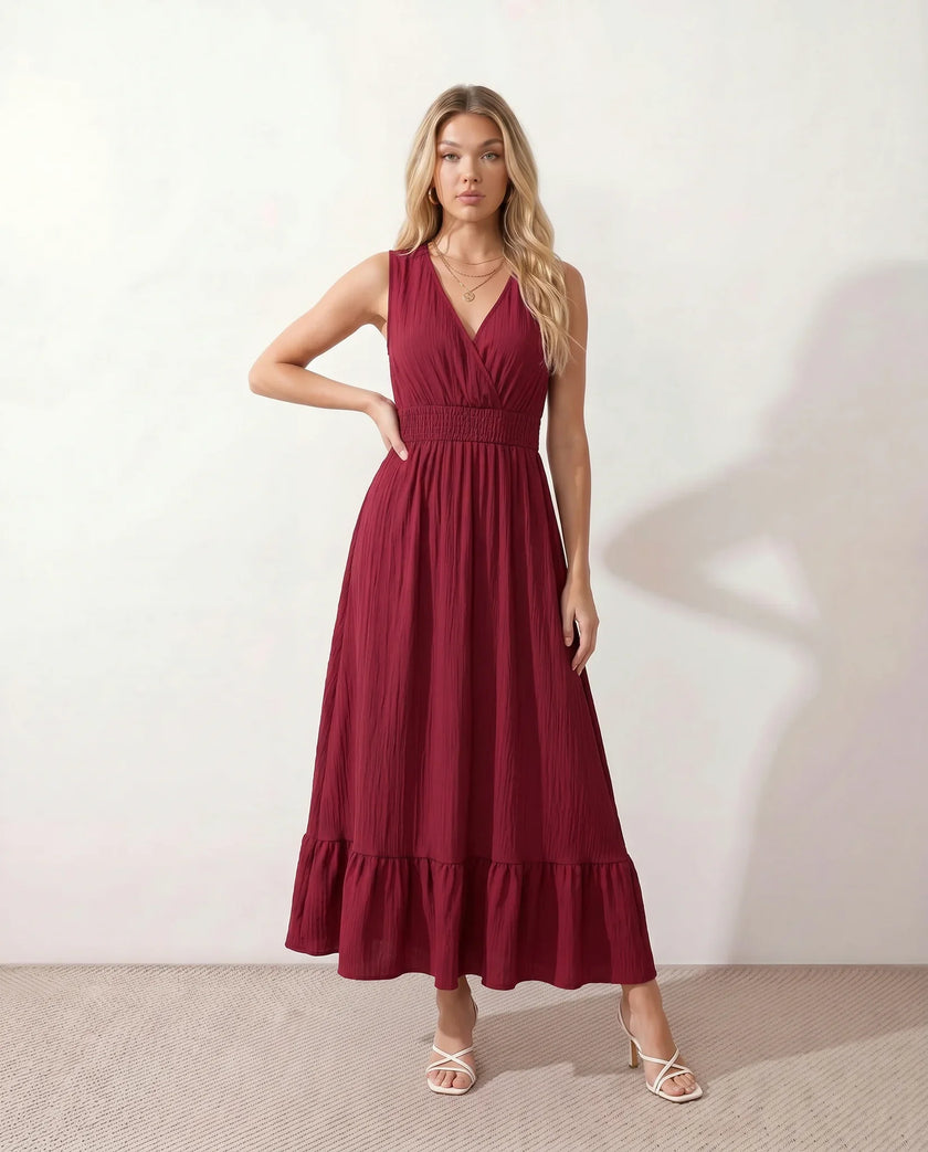 Ruffle Midi Dress Women Wrap V-Neck Low Back Smocked Waist