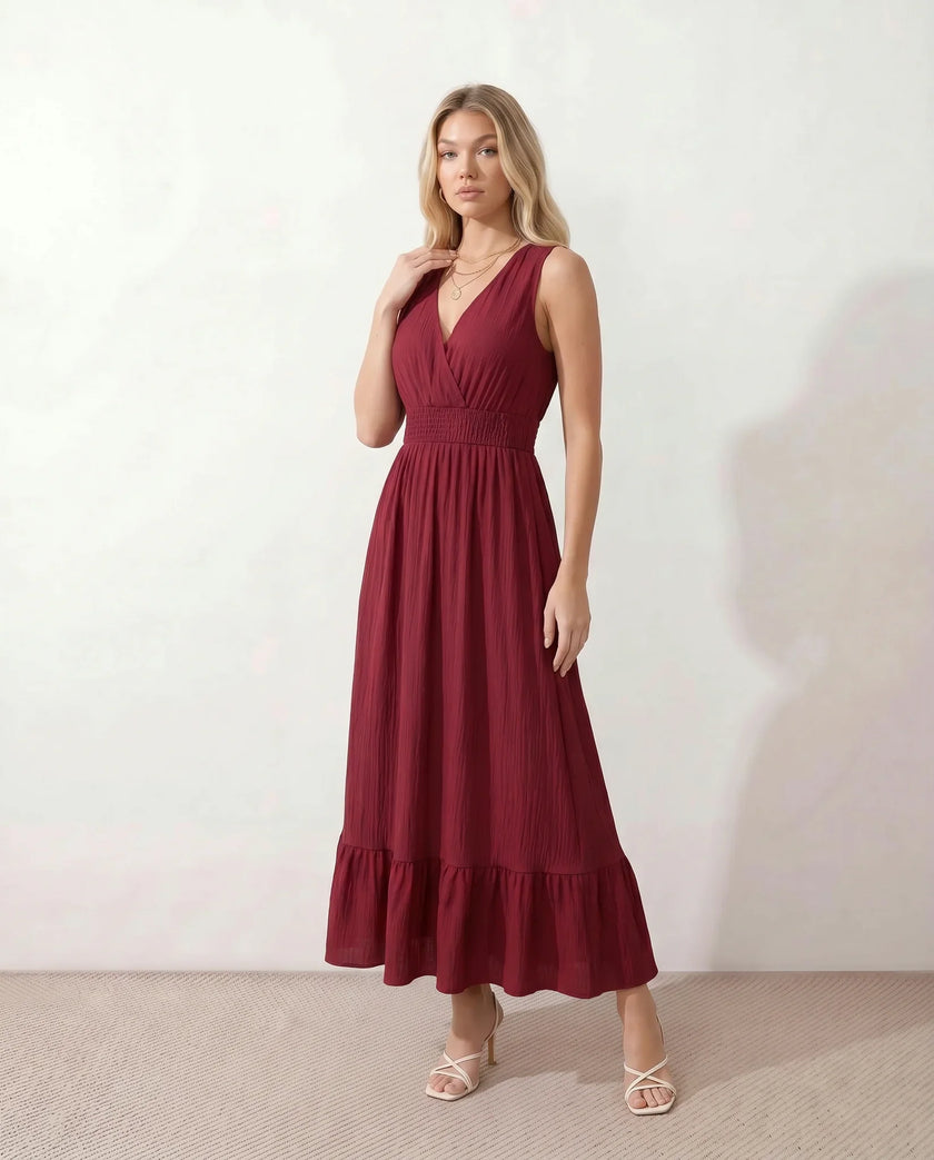 Ruffle Midi Dress Women Wrap V-Neck Low Back Smocked Waist