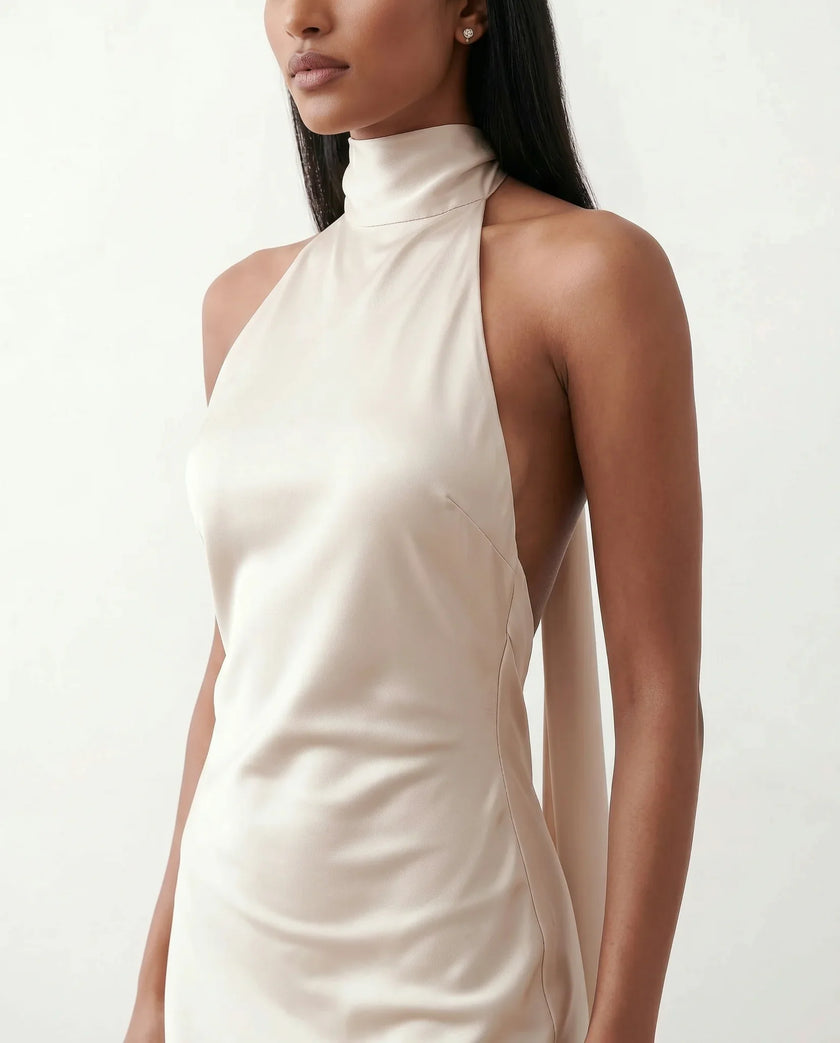 Satin Halter Maxi Dress Women Open Back Floor Length