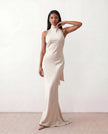 Satin Halter Maxi Dress Women Open Back Floor Length