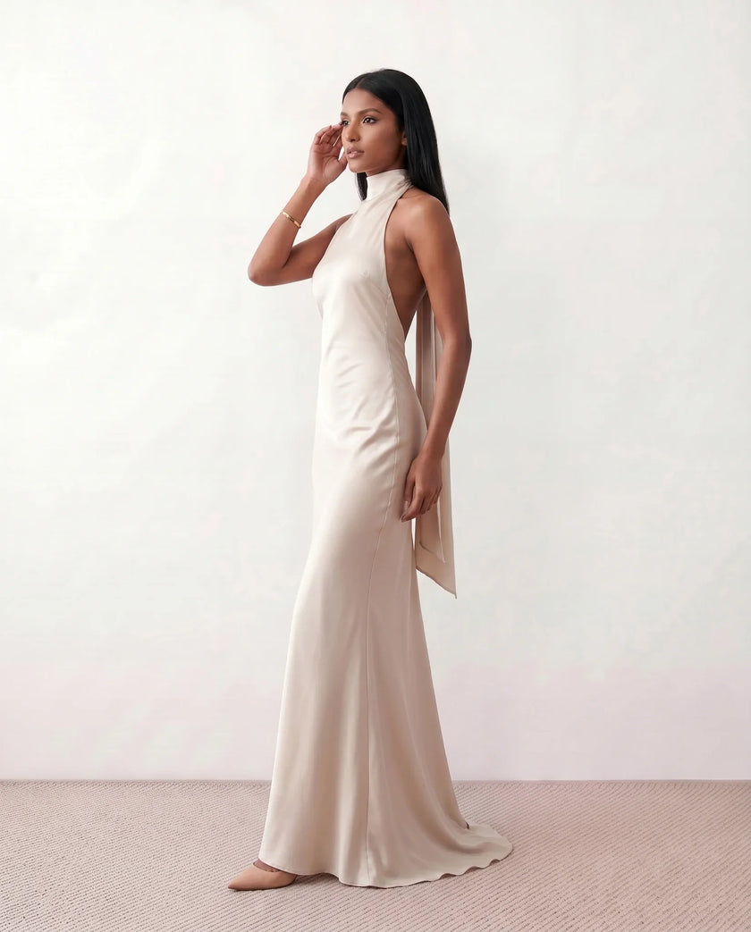 Satin Halter Maxi Dress Women Open Back Floor Length
