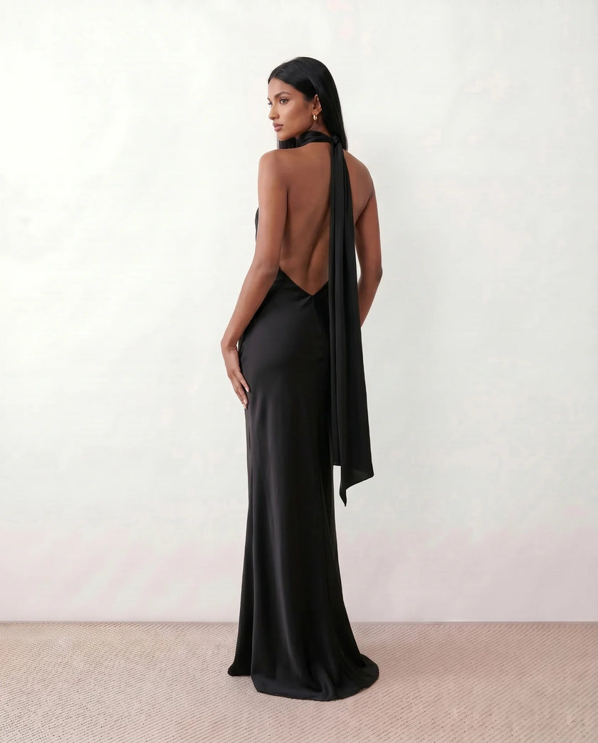 Satin Halter Maxi Dress Women Open Back Floor Length