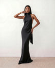 Satin Halter Maxi Dress Women Open Back Floor Length