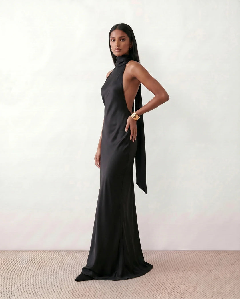 Satin Halter Maxi Dress Women Open Back Floor Length