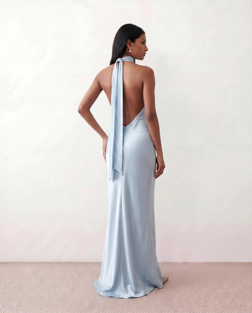 Satin Halter Maxi Dress Women Open Back Floor Length