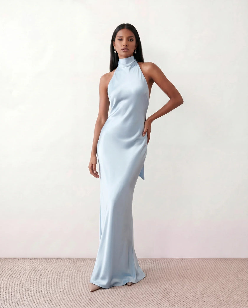 Satin Halter Maxi Dress Women Open Back Floor Length