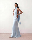 Satin Halter Maxi Dress Women Open Back Floor Length