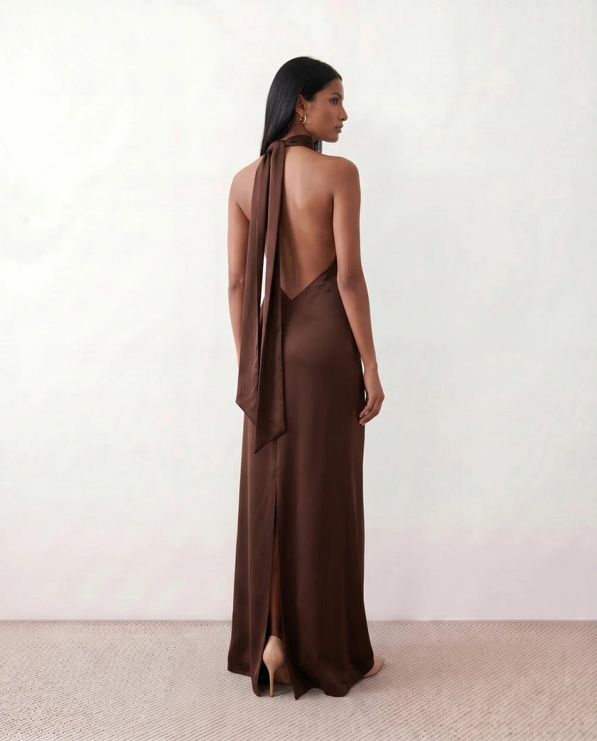 Satin Halter Maxi Dress Women Open Back Floor Length