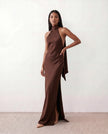 Satin Halter Maxi Dress Women Open Back Floor Length