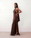 Satin Halter Maxi Dress Women Open Back Floor Length
