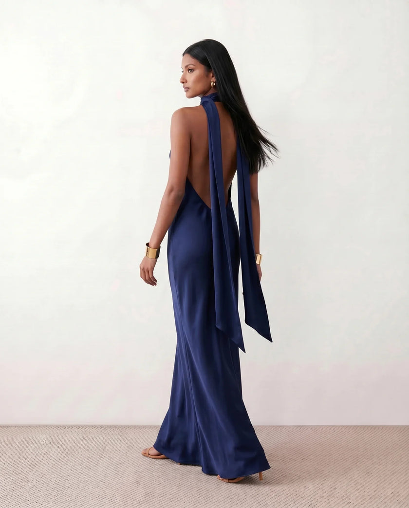 Satin Halter Maxi Dress Women Open Back Floor Length