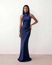 Satin Halter Maxi Dress Women Open Back Floor Length